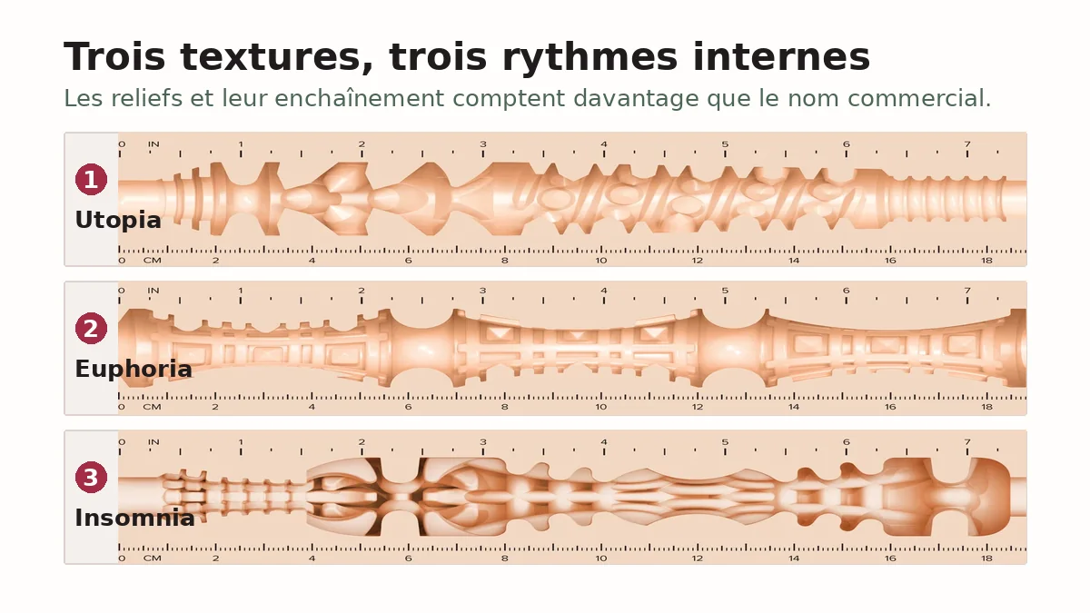 Comparaison des textures internes Utopia, Euphoria et Insomnia avec leurs reliefs successifs