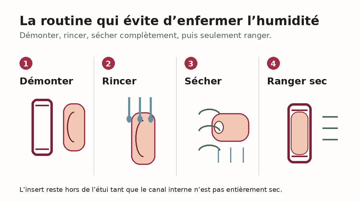 Schéma en quatre étapes : démonter, rincer, sécher complètement puis ranger le Fleshlight sec